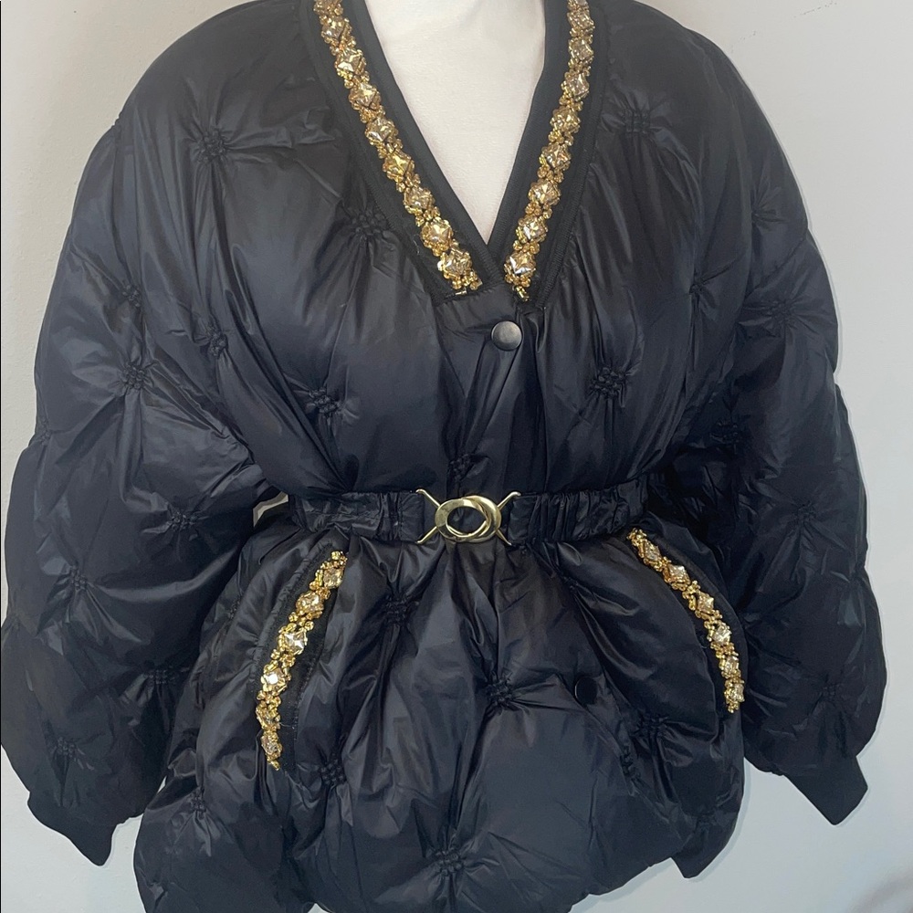NEW Retail $195 Bella Embellished Black Glamour Puffer Jacket